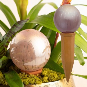 May include: Two glass globes with a textured, iridescent finish. The globes are on terracotta bases and are used for watering plants.