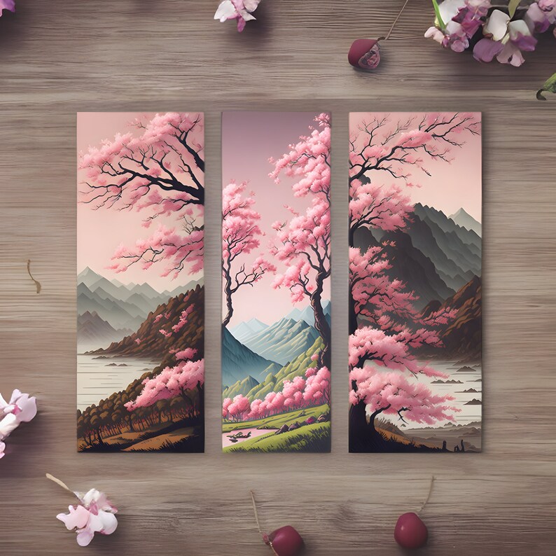Set of 3 Printable Bookmarks | Japanese Hills | Cherry Trees | Digital ...