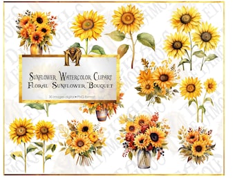 Sunflower Watercolor Clipart, Floral Sunflower Bouquet instant download for commercial use