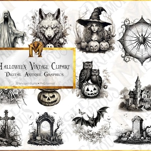 Halloween Vintage Clipart graphics, spiders, skulls, witches, ghost, ware-wolfs, download instantly