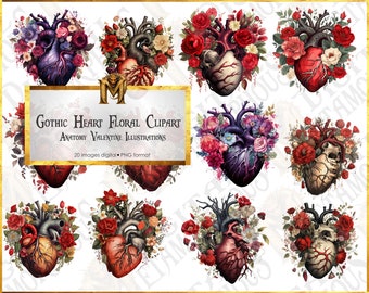 May include: Twenty digital illustrations of anatomical hearts with floral arrangements. The hearts are in various colors, including red, purple, and brown. The flowers are in shades of pink, red, and white. The illustrations are in a gothic style.