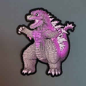 May include: A pink and white cartoon monster with a spiky back and a wide open mouth. The monster is standing on its hind legs and has its arms raised in the air.