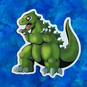 May include: A green cartoon monster with large eyes and a toothy grin. The monster is standing on its hind legs with its tail curled behind it.