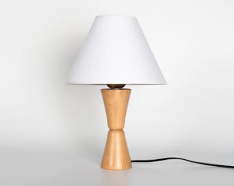 Contemporary Table Lamp with Linen Shade, Minimalist Modern Farmhouse Table Light, Vintage Bedside Lamp, Natural Walnut Wood Nightstand Lamp