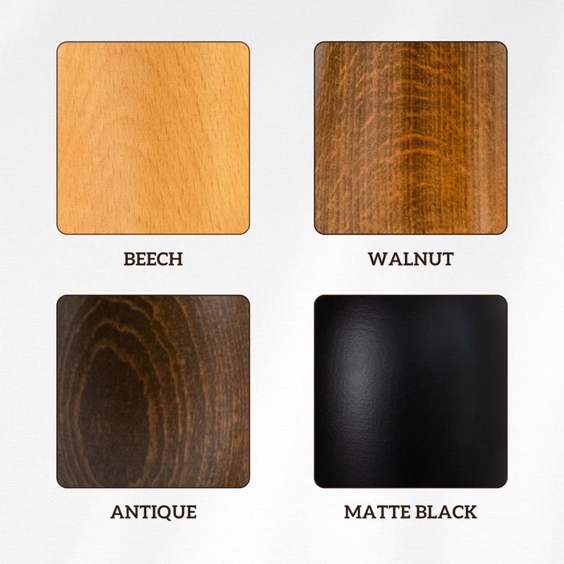 May include: Four wood samples in square frames, showing different wood finishes. The finishes are Beech, Walnut, Antique, and Matte Black.