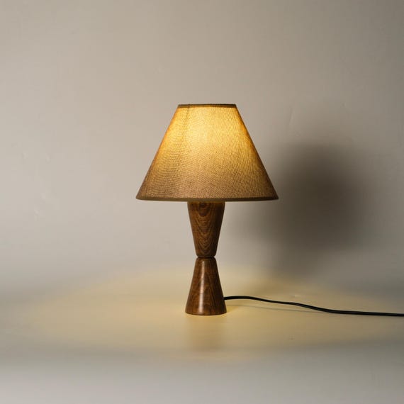 Minimalist Modern Table Lamp, Vintage Bedside Lamp with Linen Shade, Natural Wood Base Table Lamp, Walnut Desk Lighting, Unique Table Lamp