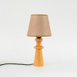 May include: A wooden table lamp with a brown fabric lampshade. The lamp has a simple, modern design with a rounded base and a tall, slender stem.