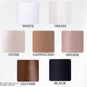 May include: A collection of fabric swatches in various colors and textures, including white, cream, stone, cappuccino, wicker, leather, and black.