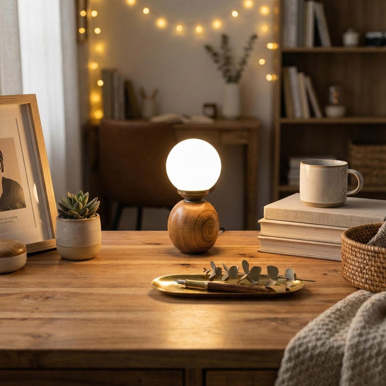 May include: A wooden table lamp with a spherical, white light. The lamp is set on a wooden base with a natural wood grain. The lamp is on a wooden table with a framed picture, a small potted plant, and a mug. The scene is lit by fairy lights.