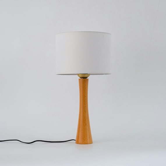 Mid-Century Modern Wood Table Lamp, Nightstand Lamp with Linen Shade, Beech Wood Base for Desk Lamp, Vintage Home Decor Table Lighting