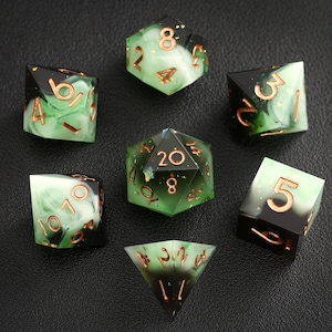 Green Black DND Dice Set, Green Jade Resin Sharp Edge D&D Dice Set for Gifts, Dungeons and Dragons Polyhedral RPG D6, D20 Dice