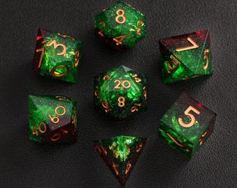Green DND Dice Set, Green Star Sharp Edge D&D Dice Full Set, Dungeons and Dragons Polyhedral RPG D6, D20 Dice