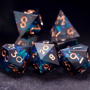 Full Set Handmade Resin DND Dice For Role Playing Games, Blue Black D&D Dice Set DND, Galaxy Glittering Sharp Edge Dice Set