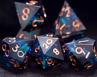 Full Set Handmade Resin DND Dice For Role Playing Games, Blue Black D&D Dice Set DND, Galaxy Glittering Sharp Edge Dice Set