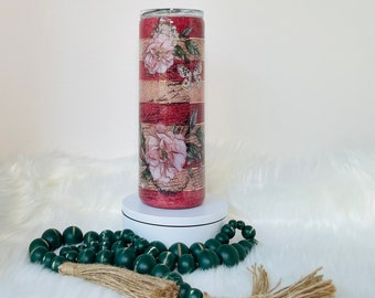 Gobelet à paillettes florales : gobelet de voyage en acier inoxydable fait main en résine époxy