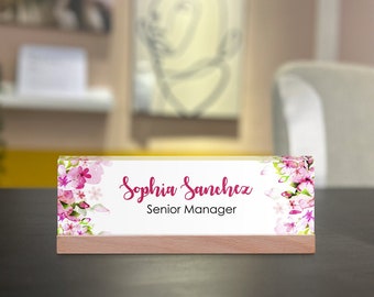 Desk Name Plate Personalized Office Decor Gift for Coworkers Custom Name Plate for Desk Acrylic Desk Sign Floral Design Name Stand for Desk