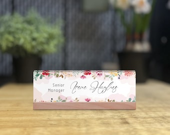 Acrylic Desk Name Plate - Custom Name Sign for Desk, Office Accessory, Flowers Design Appreciation Gift