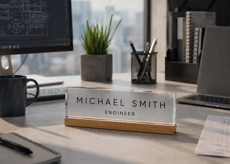 May include: A clear acrylic desk nameplate with the name "MICHAEL SMITH" and the title "ENGINEER" in black lettering. The nameplate sits on a light-colored wooden base. A mug, pens, and a laptop are also on the desk.
