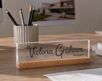 Modern Acrylic Desk Name Plate –  Office Sign with Wood Base, Minimalist Desk Decor