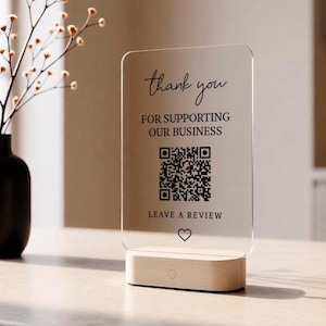 Custom QR Code Review Sign - LED Acrylic Display Stand, Social Media Sign for Small Business, Personalized Qr Code Plaque