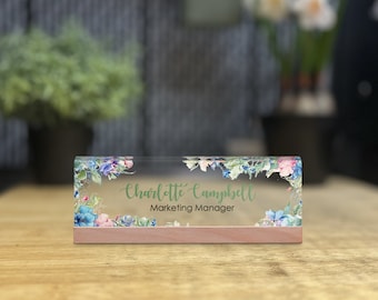 Personalized Acrylic Desk Name Plate, Custom Floral Name Sign, Office Desk Name Plate, Coworker Gift, Graduation Gift
