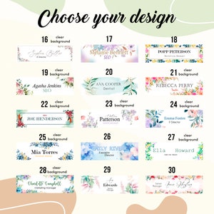 May include: A selection of personalized name badges with floral designs and various professional titles. The badges feature names like "Sophie Buller, Director" and "Melanie Bennett, SEO," with a clear background. The text "Choose your design" is at the top.