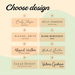 May include: An image with the text "Choose design" in a black script font. Below are eight design options with names and titles, such as "Emily Johnson, Manager" and "Kelly Johnson, Director", set against a peach background.