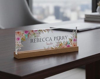 Personalized Sign Desk Plate, Custom Name Plate for Desk, Floral Acrylic Job Title Plate, Promotion Gift, Coworker Gift, Elegant Desk Sign