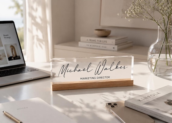 Personalized Desk Name Plate, Clear Acrylic with Wooden Base Plaque, Office Gifts for Boss, New Job Congrats Gift