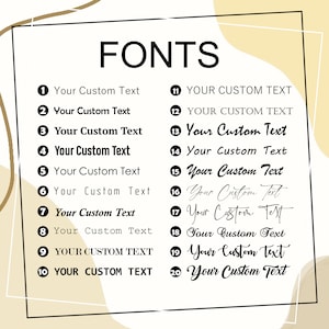 May include: A graphic showcasing a variety of fonts. The word "FONTS" is at the top. Below, twenty different font styles are displayed, each with the text "Your Custom Text" in various sizes and styles, ranging from bold to script.