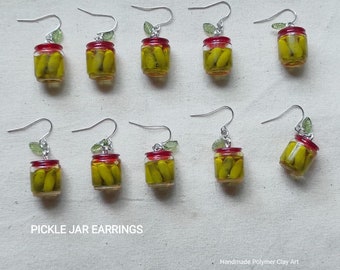 Pickle Dangle Earrings/Food Jewelry/Food Earrings/Unique Earring/Fun Earring/Handmade Earring/Polymer Clay/Cute Earring/Miniature Pickle Jar