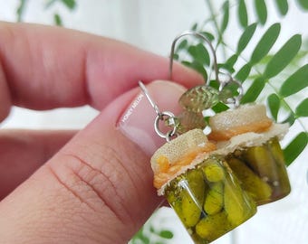 Miniature Pickle Jar Earrings – Food Jewelry, Handmade Polymer Clay Pickle Bottle Dangle Earrings, Gift for Pickle Lovers