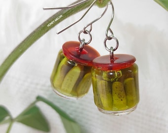Mini Pickle Jar Dangle Earrings – Handmade Food Jewelry, Polymer Clay Pickle Earrings, Funny Gift for Pickle Lovers,Pickle Jar