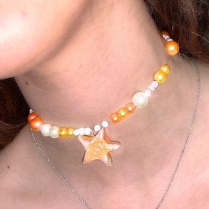 Mermaid starfish handmade necklace for summer, gift idea, women&#39;s jewelry, white, orange, gold pearl necklace with handmade charm