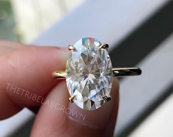 4 Carat Oval Moissanite Engagement Ring: 14k Gold Hidden Halo Solitaire