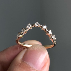 14k Gold Curved Moissanite Wedding Band: Dainty Stacking Ring