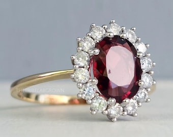 Ruby Oval Cut Halo Engagement Ring, 14k Gold Vintage Wedding Ring, Ruby Princess Diana Ring, Red Diamond Anniversary Ring, Birthstone Ring