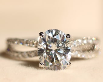 Anillo de compromiso de moissanita de talla ovalada de oro de 14 k, anillo de solitario de moissanita ovalado de 2 quilates, anillo de boda con halo oculto, anillo de aniversario de vástago dividido