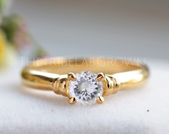 14k Gold Portuguese Cut Moissanite Engagement Ring, Minimalist Round Diamond Wedding Ring, Unique Solitaire Statement Ring, Anniversary Ring