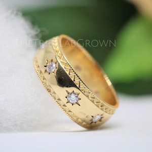 Vintage Moissanite Star Wedding Band, 14k Gold Full Eternity Northern Star Diamond Band, Thick Gold Chunky Band, Anniversary Band