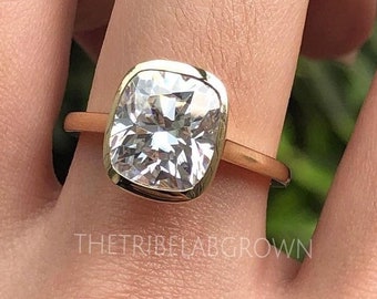 3 CT Cushion Cut Moissanite Engagement Ring, 14k Gold Solitaire Ring, Bezel Set Wedding Ring, Hidden Halo Ring, Anniversary Ring For Women