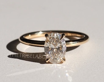 Anel de noivado com diamante de laboratório de lapidação oval de 1,50 ct, anel solitário de ouro maciço 14k, anel de compromisso para ela, anel de aniversário