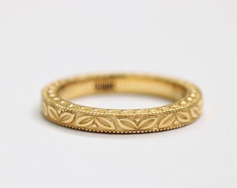 14k Solid Gold Filigree Wedding Band, Natural Inspired Leaf Engraved Matching Band, Art Deco Leaf Wedding Band, Anniversary Gift