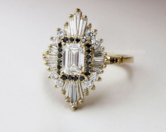 Anillo de moissanita de talla esmeralda Starburst vintage, anillo de compromiso de racimo de oro de 14 k, anillo de moissanita de halo de talla baguette, anillo de aniversario para ella