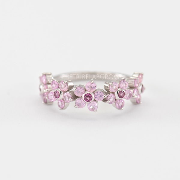 Flower Inspired Half Eternity Band, 14k Gold Pink Sapphire Flower Ring, Bezel Set Floral Wedding Band, Vintage Amethyst Wedding Ring For Her
