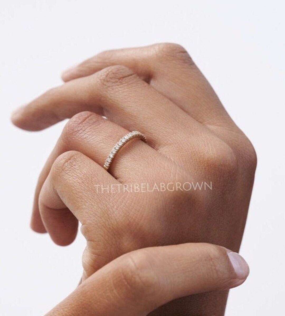 14k Gold Half Eternity Wedding Band, 1.5 Mm Round Cut Lab Diamond Band ...