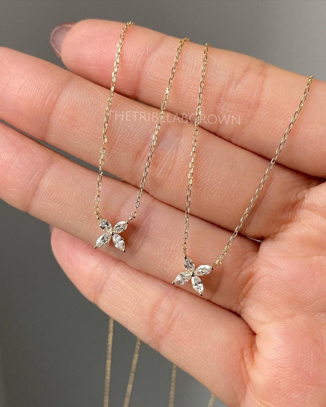 Dainty Gold Flower Pendant Necklace, Marquise Moissanite Flower ...
