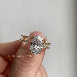 Conjunto de anillos de compromiso Moissanite de talla ovalada de 3 quilates, anillo solitario de oro macizo de 14 k, conjunto de anillos de boda de diamantes a distancia, anillo de promesa para ella imagen 2