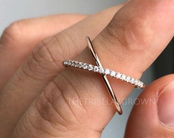 Moissanite Criss Cross Wedding Band: 14k Solid Gold Crossover Ring