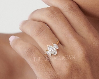 Three Stone Marquise Cut Lab Diamond Engagement Ring, 14k Solid Gold Wedding Ring For Women, Trilogy Diamond Ring, Anniversary Ring